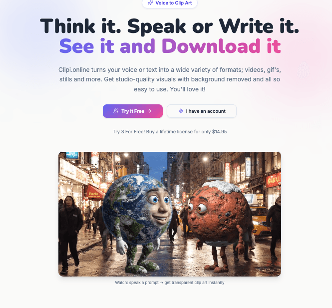 Clipi.online – Turnkey AI Voice-to-Clip-Art SaaS | Transparent PNGs, Animated GIFs & 18+ Formats