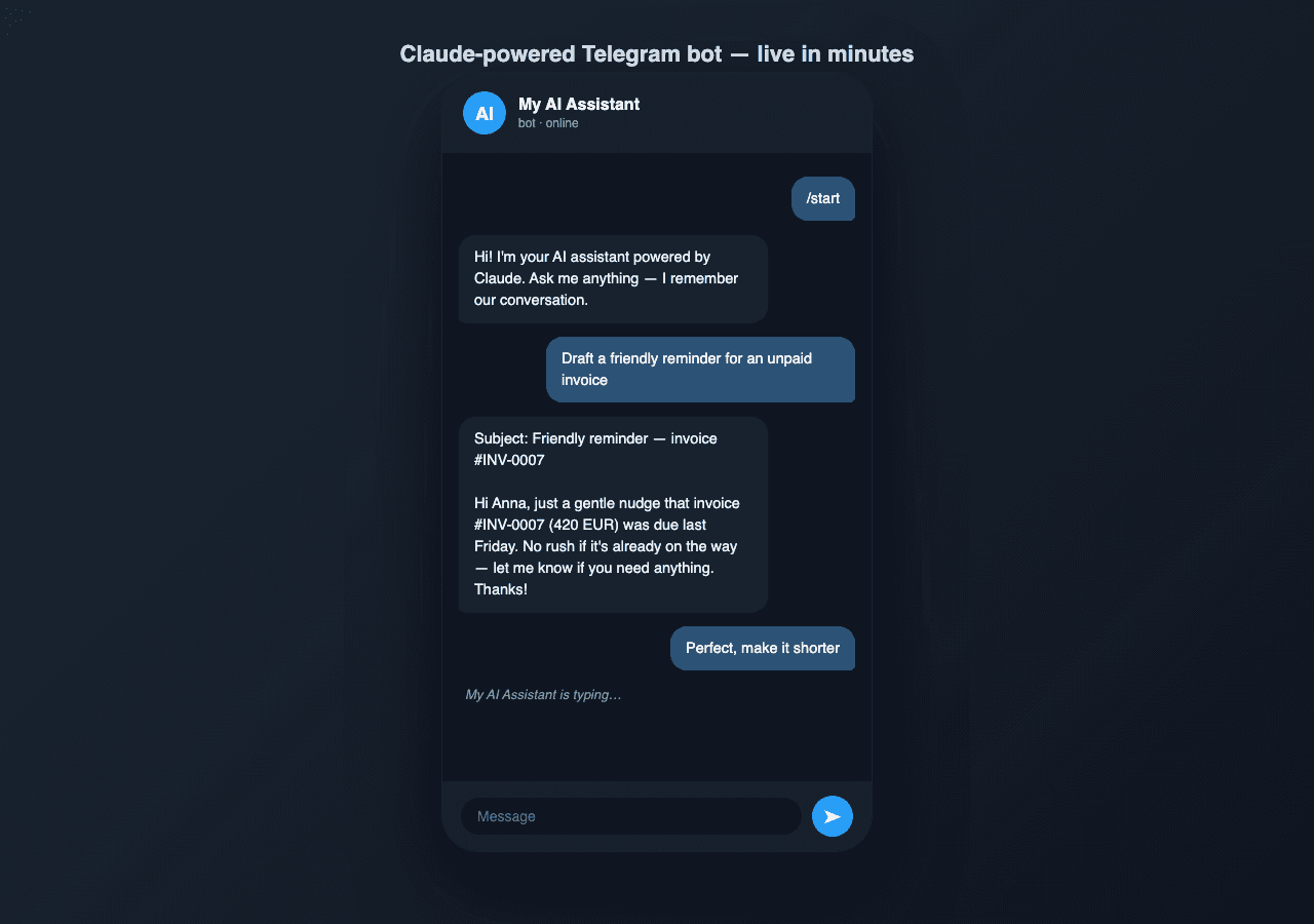 Telegram AI Bot Starter — Claude-powered chatbot (Node + Express)